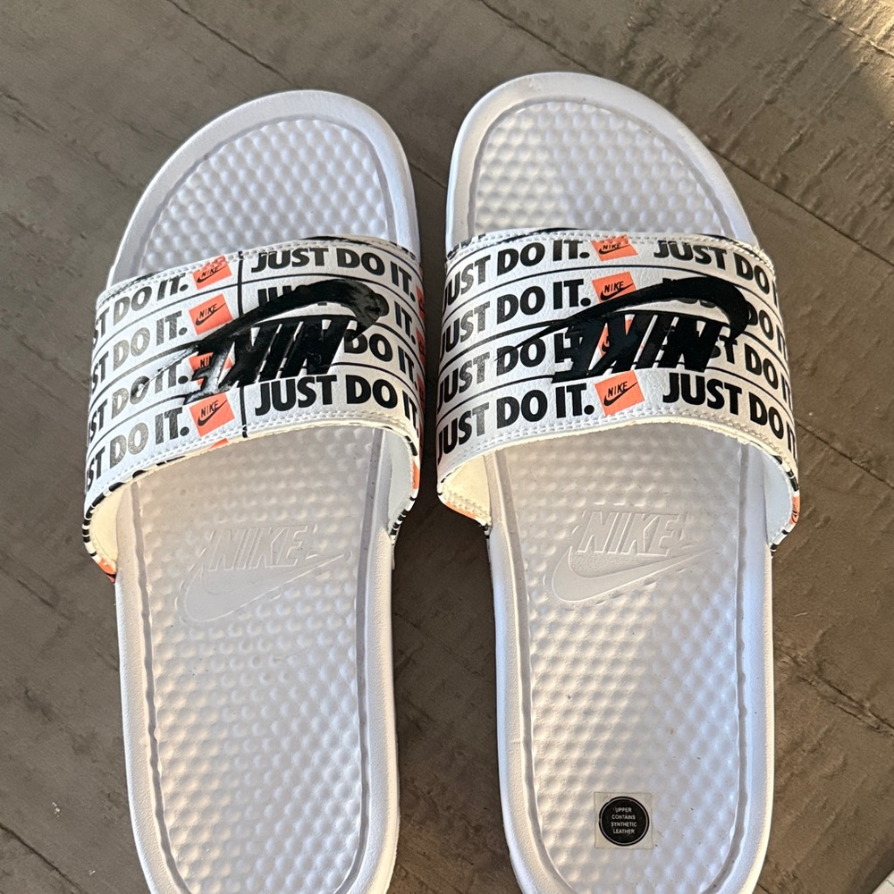 Nike White and Black Just Do It Slides